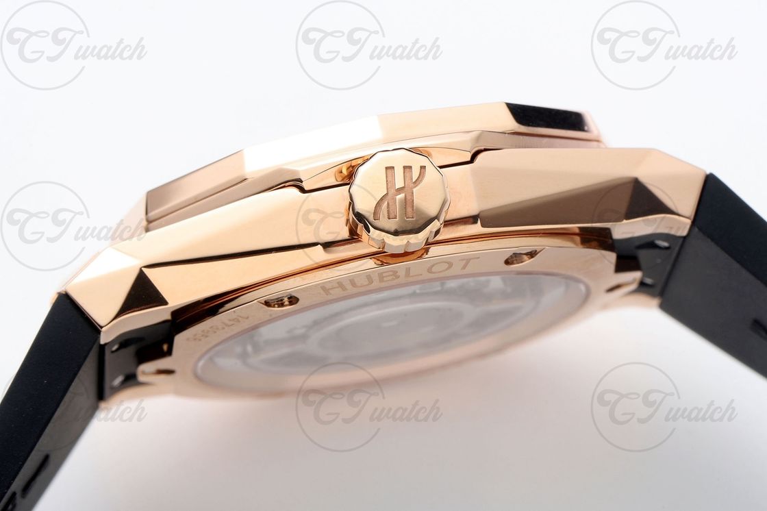 Hublot Big Bang 39mm Skeleton Rose Gold Super Clone Watch Purple Sapphire Bezel Rubber Strap Automatic Design