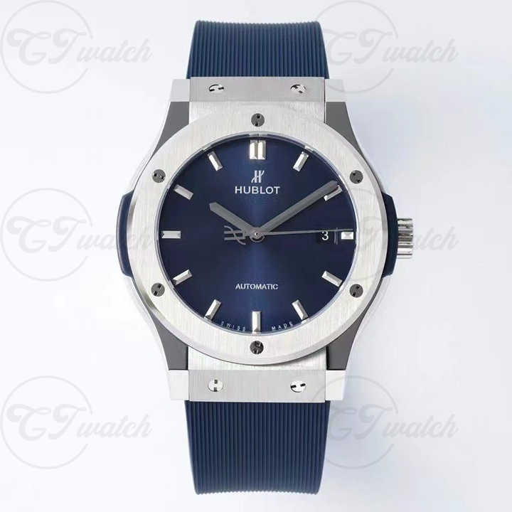 Hublot Classic Fusion Super Clone Watch 42mm Brushed Titanium Case Blue Sunray Dial Rubber Band