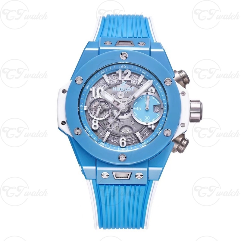 Hublot Unico Super Clone Watch 45mm Full Blue Ceramic Case Openwork Dial Rubber Strap