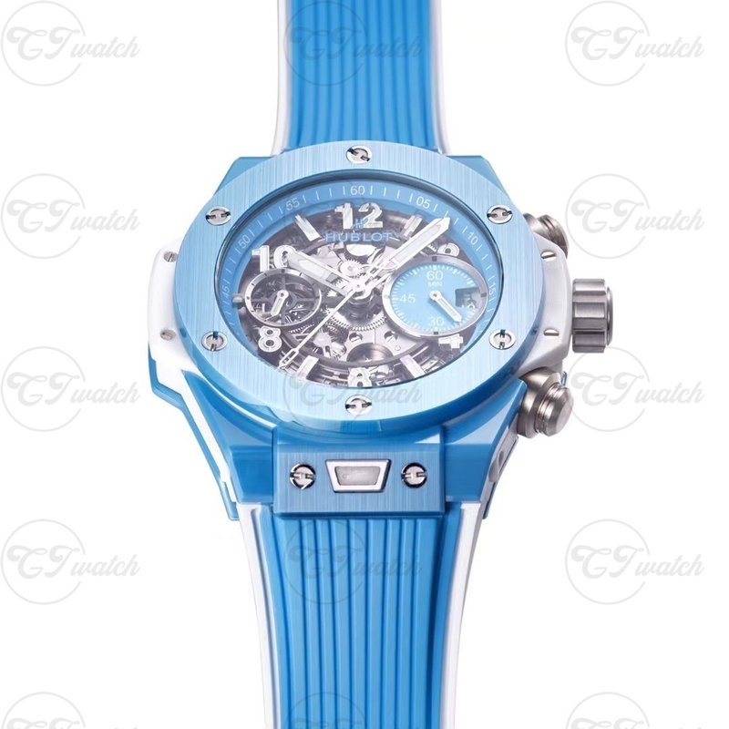 Hublot Unico Super Clone Watch 45mm Full Blue Ceramic Case Openwork Dial Rubber Strap