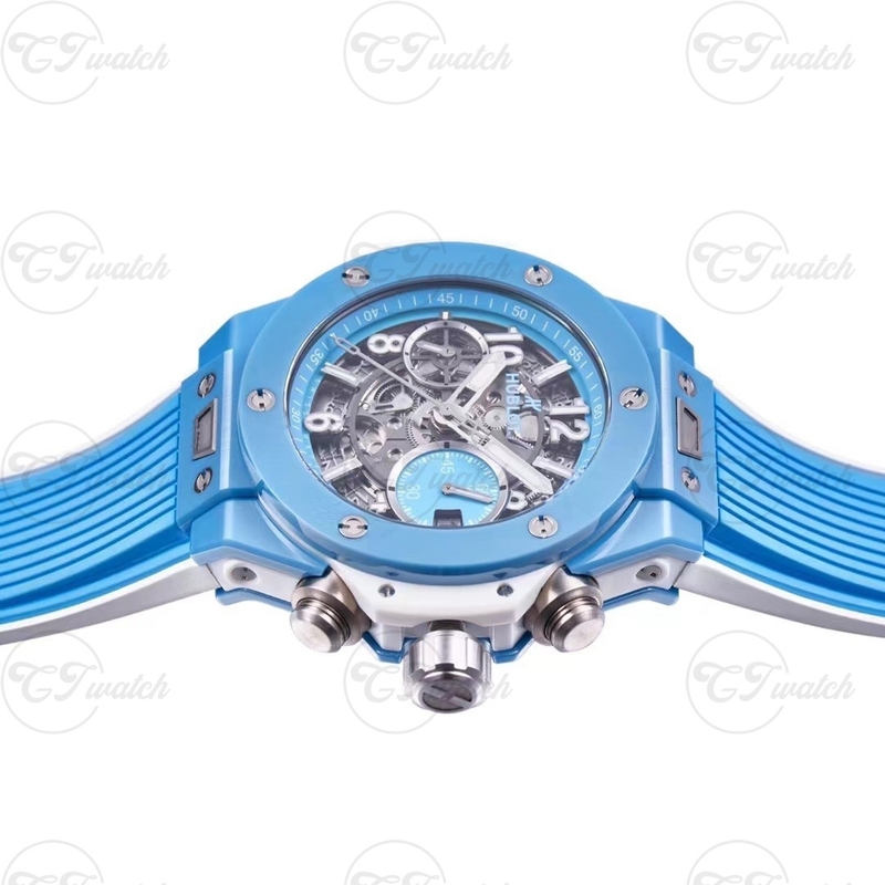 Hublot Unico Super Clone Watch 45mm Full Blue Ceramic Case Openwork Dial Rubber Strap