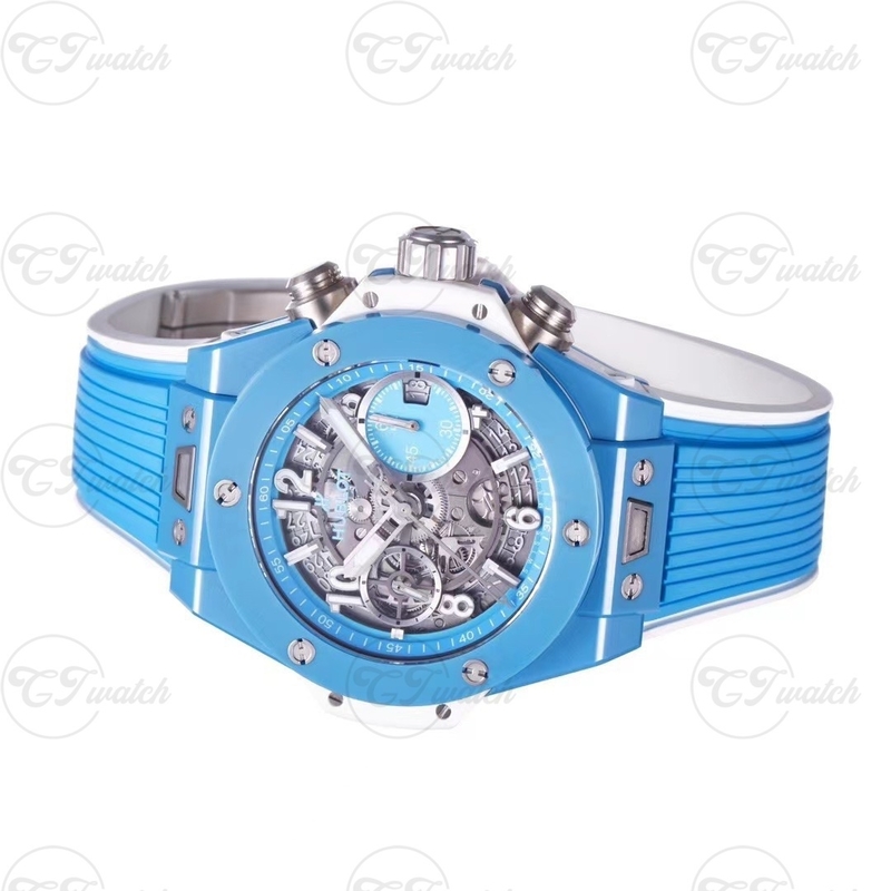Hublot Unico Super Clone Watch 45mm Full Blue Ceramic Case Openwork Dial Rubber Strap