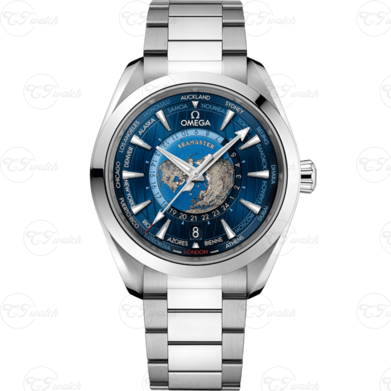 Omega Seamaster Aqua Terra 43MM Klon Worldtimer Saat Otomatik 8938 Hareket Mavi Dial Paslanmaz Çelik Erkek Lüks Saat