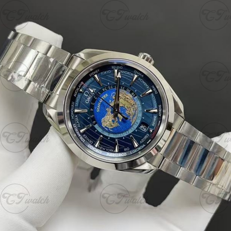 Omega Seamaster Aqua Terra 43MM Klon Worldtimer Saat Otomatik 8938 Hareket Mavi Dial Paslanmaz Çelik Erkek Lüks Saat