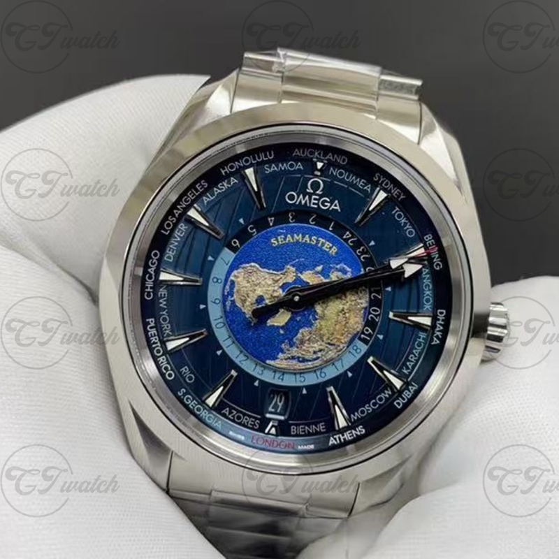 Omega Seamaster Aqua Terra 43MM Klon Worldtimer Saat Otomatik 8938 Hareket Mavi Dial Paslanmaz Çelik Erkek Lüks Saat