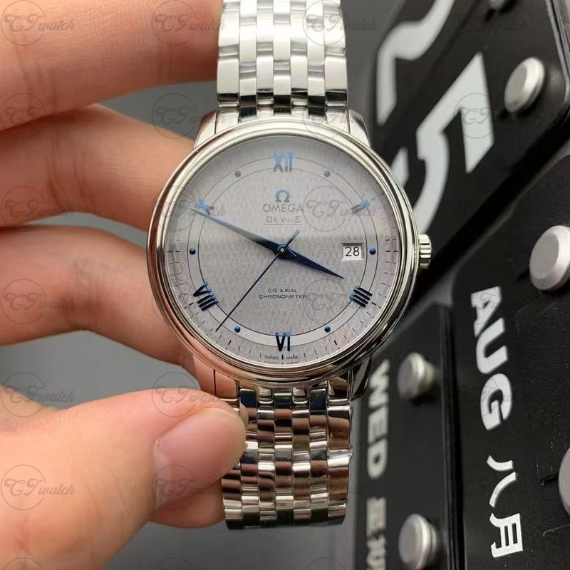 Клон часов Omega De Ville 39,5 мм – механизм Co-Axial 2500, серый опалиновый циферблат, мужские классические часы из нержавеющей стали