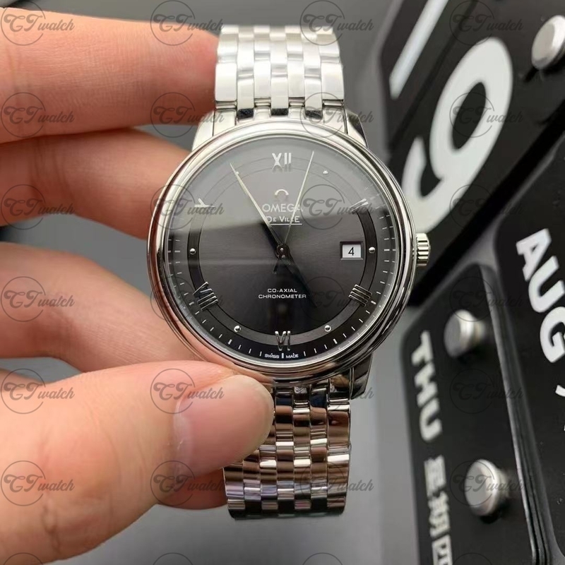 Клон часов Omega De Ville 39,5 мм – механизм Co-Axial 2500, серый опалиновый циферблат, мужские классические часы из нержавеющей стали
