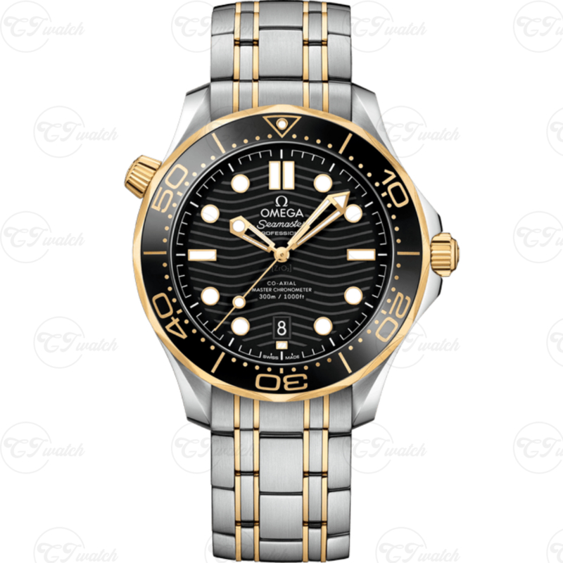 Omega Seamaster Diver 300M 42MM Клонированные часы Сталь Желтое золото Co-Axial Master Chronometer Cal. 8800 Черный циферблат с волнами
