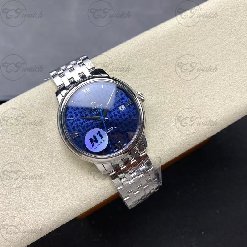 Omega De Ville Prestige 39.5 мм Клонные часы Автоматические 2500 движения Синий циферблат Нержавеющая стальная браслет