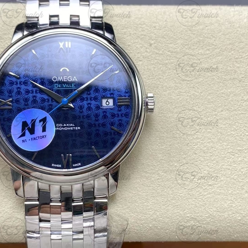 Omega De Ville Prestige 39.5 мм Клонные часы Автоматические 2500 движения Синий циферблат Нержавеющая стальная браслет