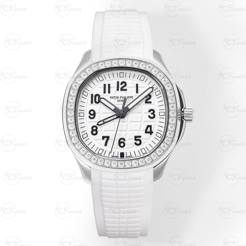 Patek Philippe Aquanaut Luce 5067A White Dial Diamond Bezel Women’s Luxury Watch on White Rubber Strap Swiss Quartz