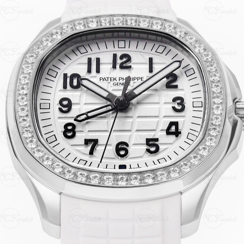 Patek Philippe Aquanaut Luce 5067A White Dial Diamond Bezel Women’s Luxury Watch on White Rubber Strap Swiss Quartz