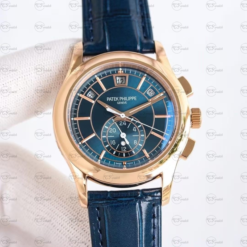 Patek Philippe 5905R Rose Gold Blue Dial Annual Calendar Chronograph Automatic Clone Watch Luxury Men