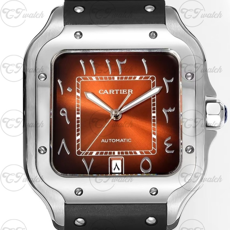 Cartier Santos Automatic Watch  Stainless Steel Case, Orange-Brown Sunray Dial,Black Strap