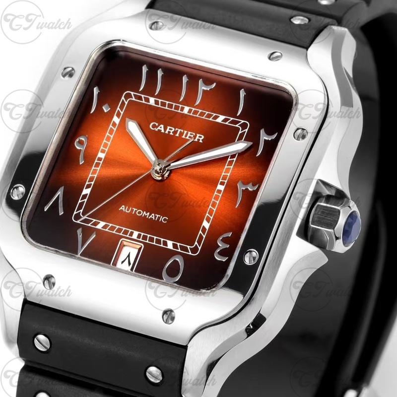 Cartier Santos Automatic Watch  Stainless Steel Case, Orange-Brown Sunray Dial,Black Strap