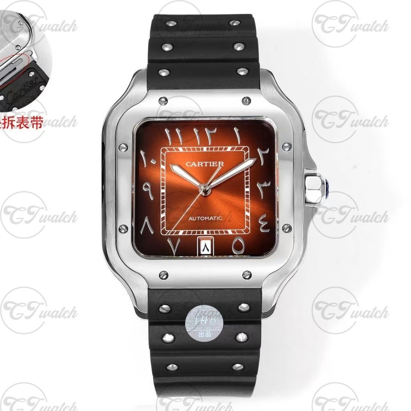 Cartier Santos Automatic Watch  Stainless Steel Case, Orange-Brown Sunray Dial,Black Strap