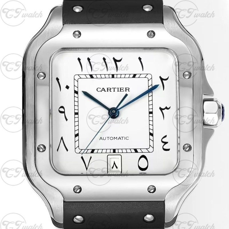 Cartier Santos Automatic Watch Stainless Steel Case Orange Brown Sunray Dial Black Strap