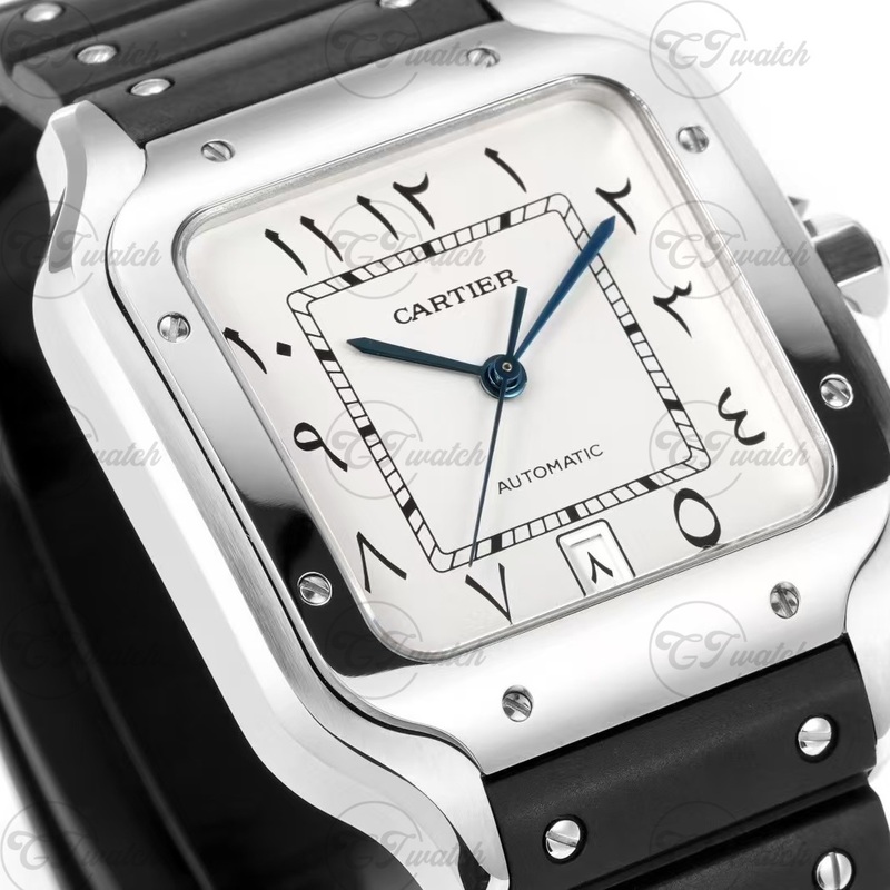 Cartier Santos Automatic Watch Stainless Steel Case Orange Brown Sunray Dial Black Strap