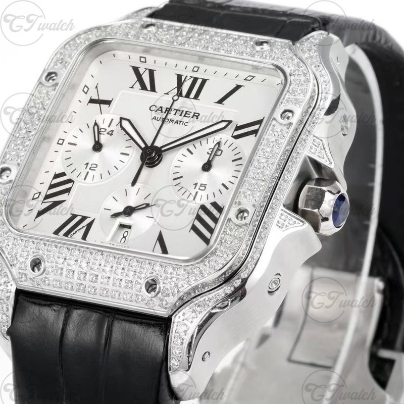 Cartier Santos Chronograph Diamond-Set Stainless Steel Automatic Watch with Black Alligator Strap