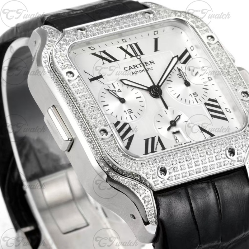 Cartier Santos Chronograph Diamond-Set Stainless Steel Automatic Watch with Black Alligator Strap