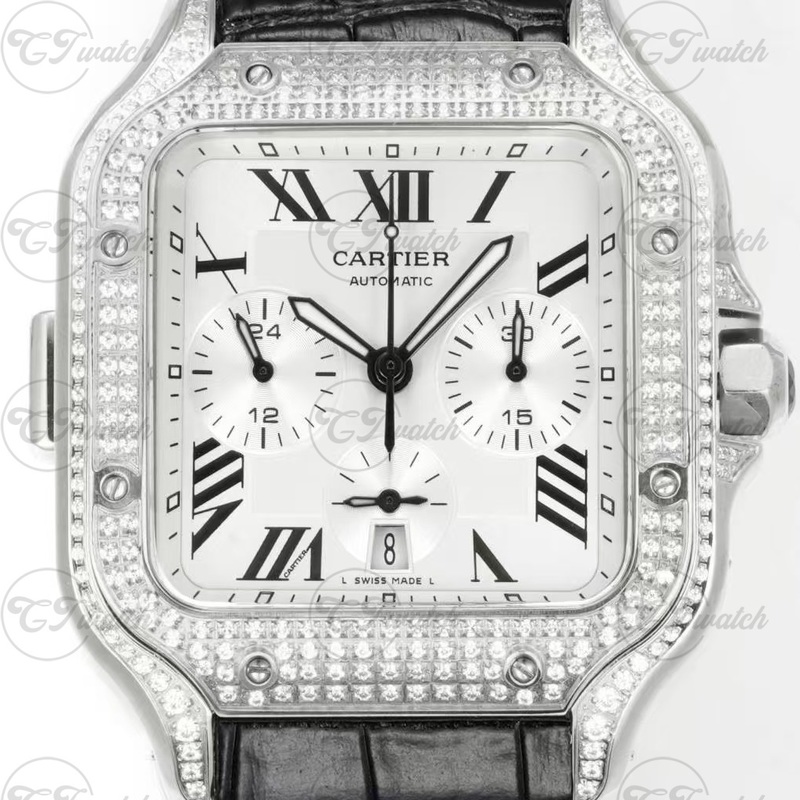 Cartier Santos Chronograph Diamond-Set Stainless Steel Automatic Watch with Black Alligator Strap