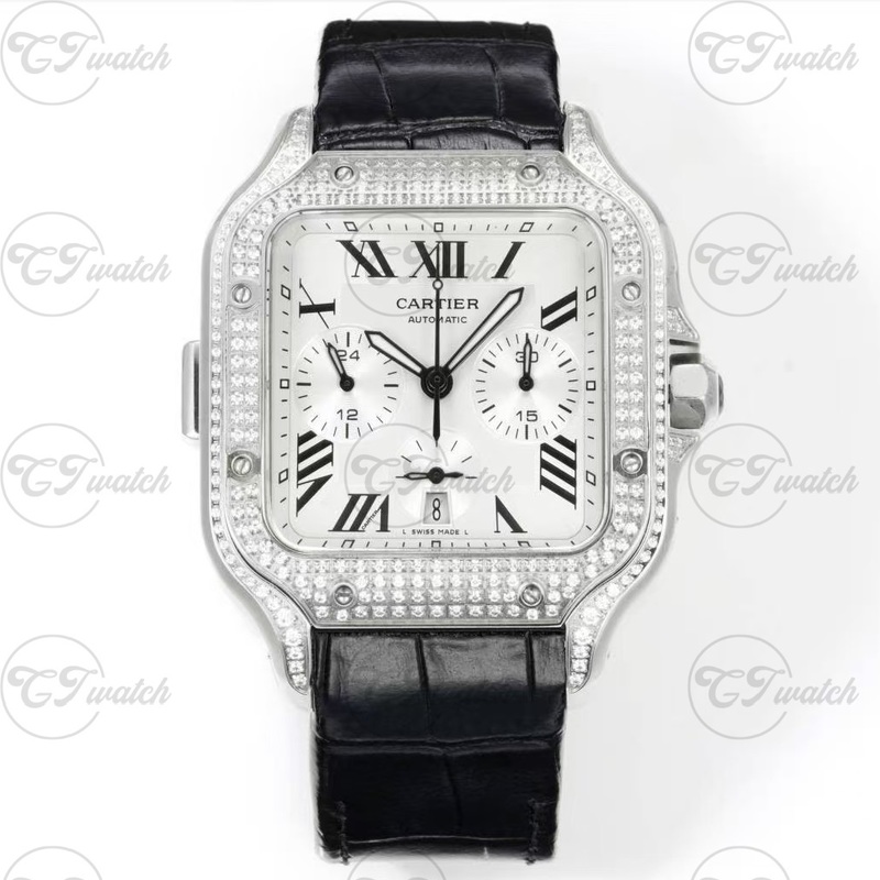 Cartier Santos Chronograph Diamond-Set Stainless Steel Automatic Watch with Black Alligator Strap