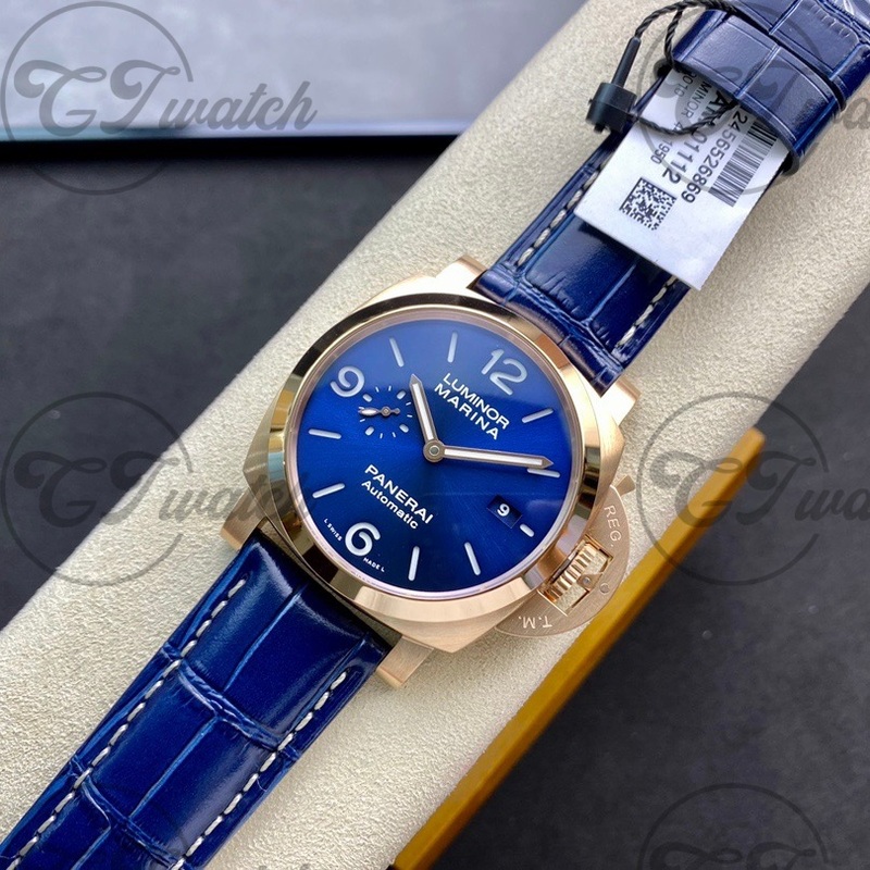 Panerai Luminor Marina Blue Dial 18K Rose Gold Automatic Watch with Blue Alligator Leather Strap