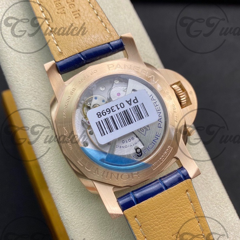 Panerai Luminor Marina Blue Dial 18K Rose Gold Automatic Watch with Blue Alligator Leather Strap