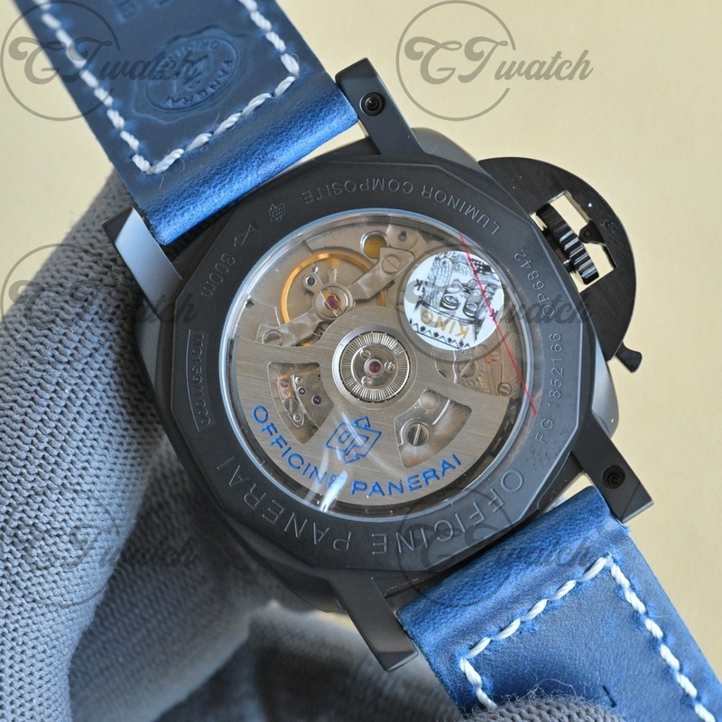 Panerai Luminor Blue Dial Ceramic Automatic Watch with Blue Rubber Strap (Power Reserve Indicator)
