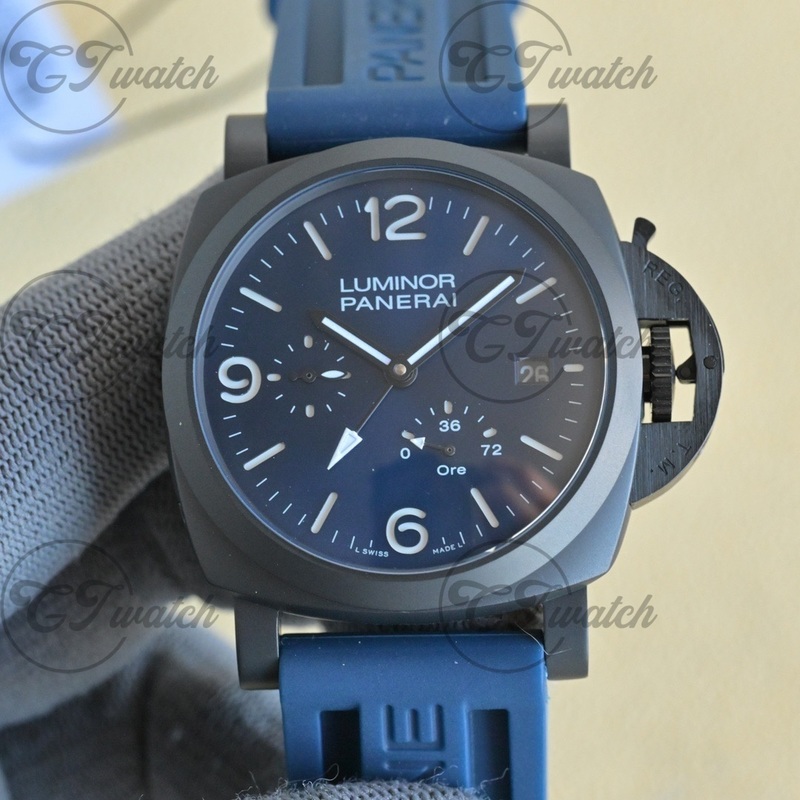 Panerai Luminor Blue Dial Ceramic Automatic Watch with Blue Rubber Strap (Power Reserve Indicator)