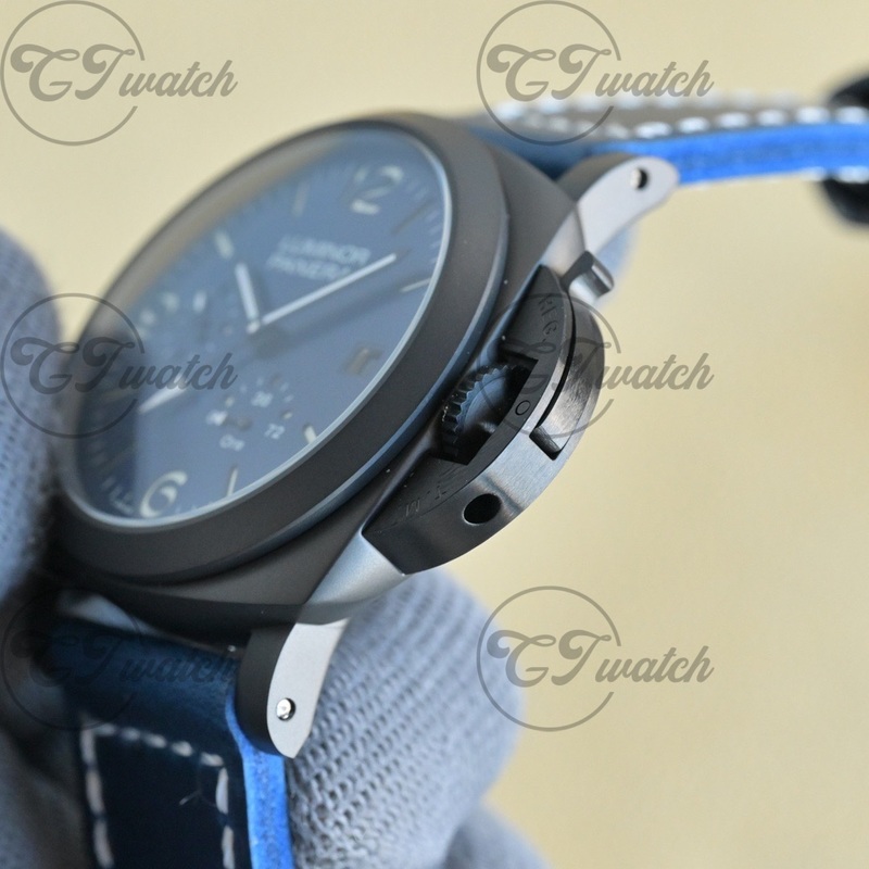 Panerai Luminor Blue Dial Ceramic Automatic Watch with Blue Rubber Strap (Power Reserve Indicator)