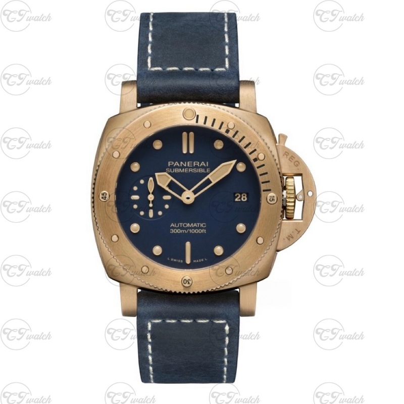 Panerai Submersible Bronzo 47mm Bronze Automatic Dive Watch with Blue Leather Strap (High-End P.9010 Movement, Patina-Ready Durability & Luxury Dive Performance)