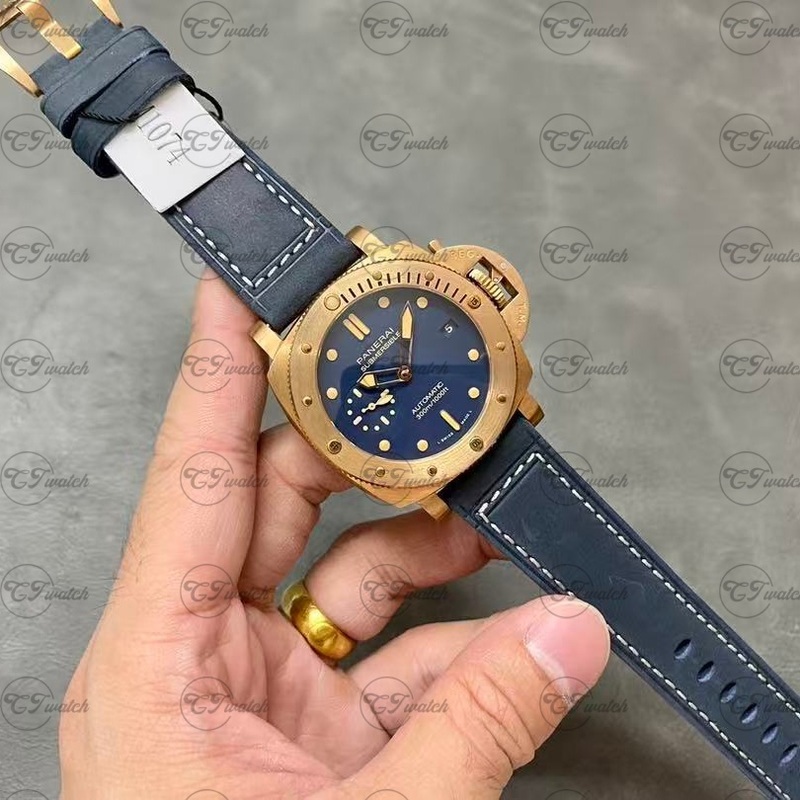 Panerai Submersible Bronzo 47mm Bronze Automatic Dive Watch with Blue Leather Strap (High-End P.9010 Movement, Patina-Ready Durability & Luxury Dive Performance)