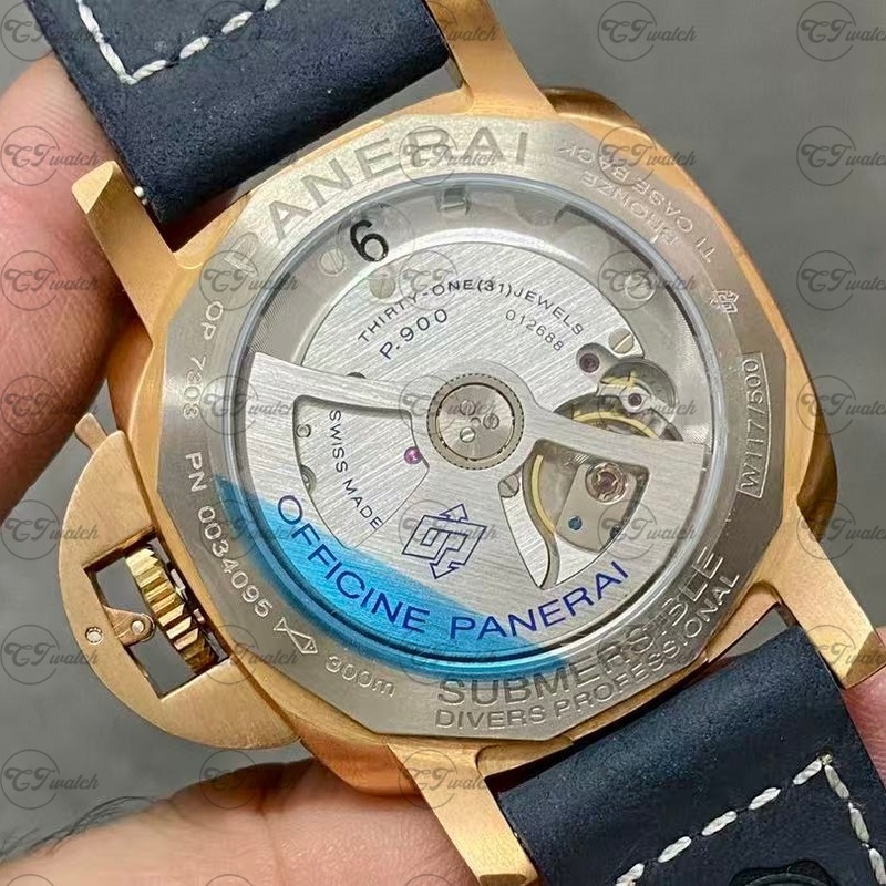 Panerai Submersible Bronzo 47mm Bronze Automatic Dive Watch with Blue Leather Strap (High-End P.9010 Movement, Patina-Ready Durability & Luxury Dive Performance)