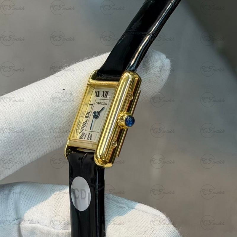 Cartier Tank Américaine 18K Yellow Gold Quartz Watch with Black Alligator Leather Strap (Exquisite Swiss Craftsmanship, Timeless Luxury & Petite Elegance)