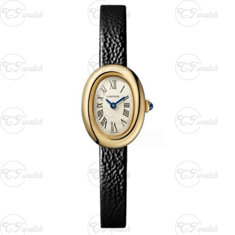 Cartier Baignoire Mini 18K Yellow Gold Quartz Watch with Black Grained Calfskin Strap (Exquisite Swiss Craftsmanship, Timeless Elegance & Petite Luxury)