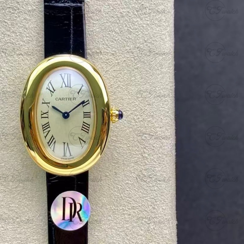 Cartier Baignoire Mini 18K Yellow Gold Quartz Watch with Black Grained Calfskin Strap (Exquisite Swiss Craftsmanship, Timeless Elegance & Petite Luxury)