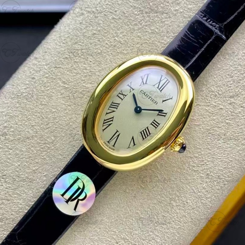 Cartier Baignoire Mini 18K Yellow Gold Quartz Watch with Black Grained Calfskin Strap (Exquisite Swiss Craftsmanship, Timeless Elegance & Petite Luxury)