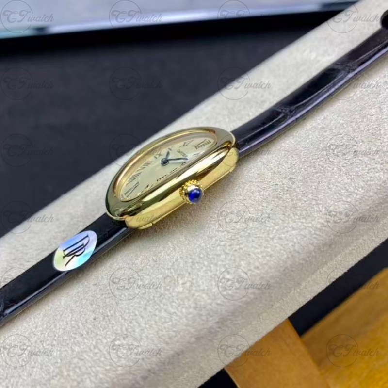 Cartier Baignoire Mini 18K Yellow Gold Quartz Watch with Black Grained Calfskin Strap (Exquisite Swiss Craftsmanship, Timeless Elegance & Petite Luxury)